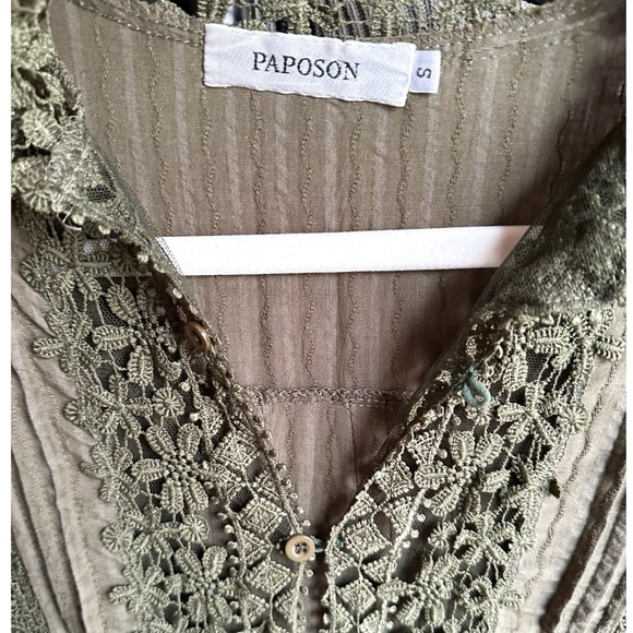 PAPOSON Olive Green Lace Trimmed Embroidered Boho Blouse Shirt Women's‎ Size S - Picture 3 of 5